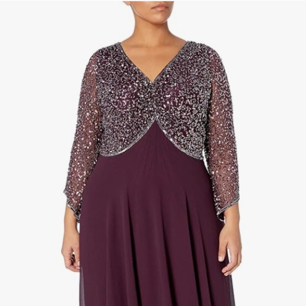 J Kara Women's Plus Size 3/4 Sleeve V-Neck Beaded Top Long Gown